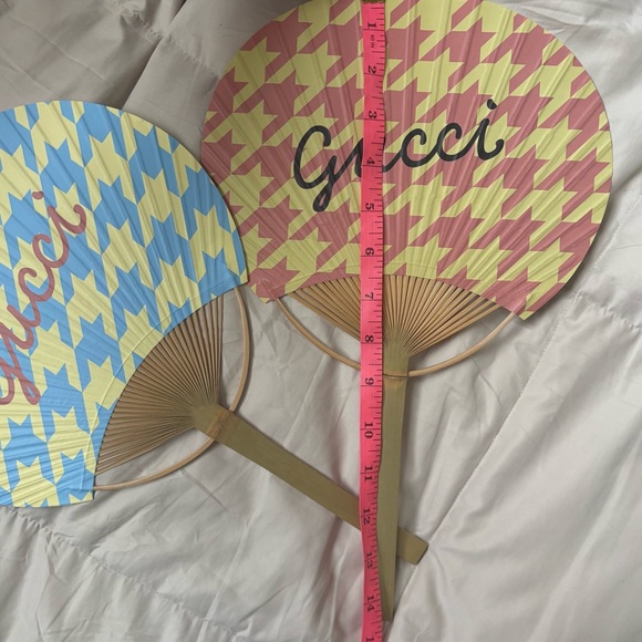 Gucci Houndstooth Patterned Bamboo Paper Fans Blue Yellow Peach Pink Summer Hues